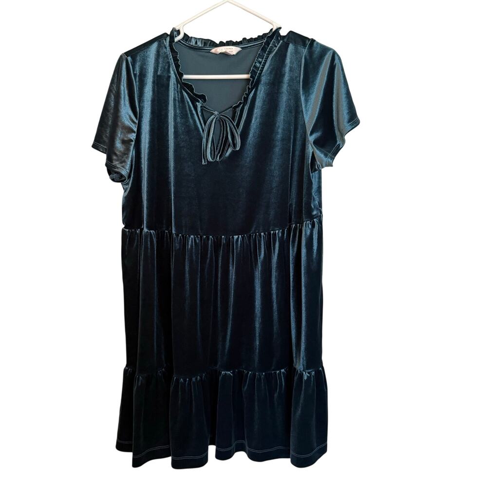 Lauren Conrad Velvet Dress Women’s Size L Teal Short Sleeve Front Tie Babydoll